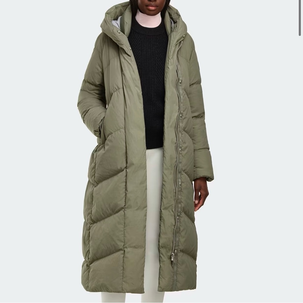 Canada Goose Marlow Parka Long Puffer Jacket in color sagebrush
